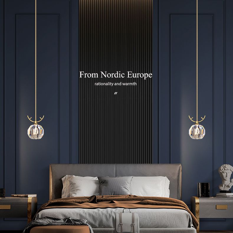 Sferisch kristallen blokhangende licht eenvoud 1-bulb koperen hanglampverlichting voor slaapkamer