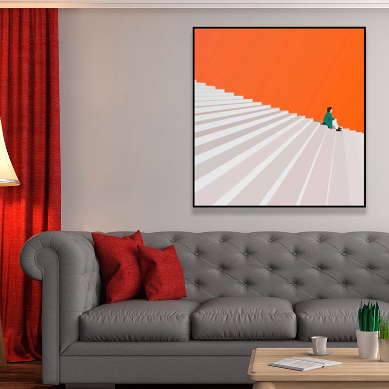 Nordic Man with Stair Painting Still Life Square Wall Art Deco in Orange for Bedroom