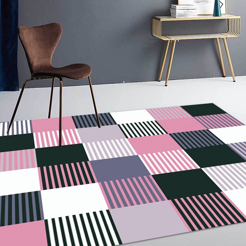 Modern Living Room Rug in Green and Pink Plaid Stripe Print Rug Polyester Machine Washable Area Rug