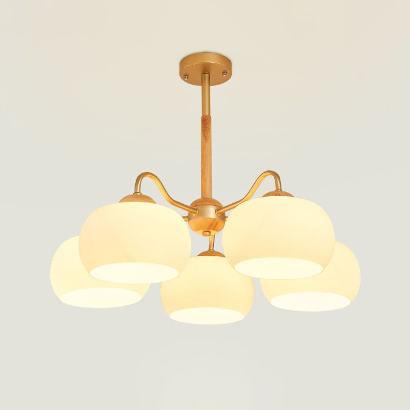 Solid Wood Domed Chandelier Lighting Nordic Hanging Light with White Glass Shade