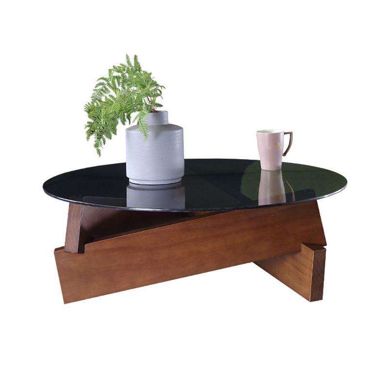 Round Glass-Topped Coffee Cocktail Table with Solid Wood Base