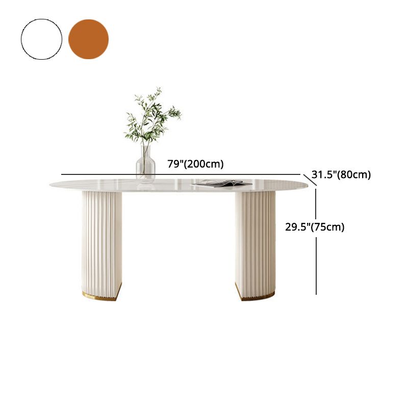 White Oval Stone Dining Table Double Pedestal Furniture for Kitchen