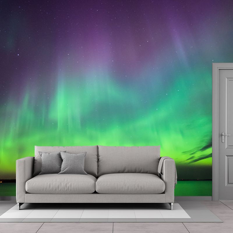 Draping Aurora over Lake Mural Wallpaper Purple-Green Nordic Wall Decor for Living Room