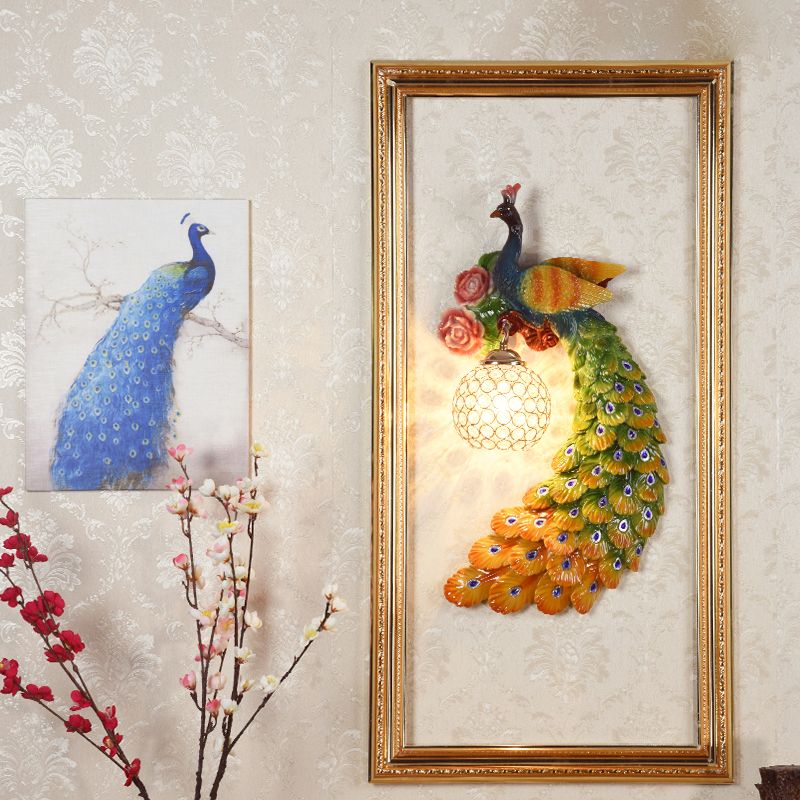 1/2-Pack Blue/Green Peacock Wall Light Fixture 8"/10" Wide 1 Head Retro Style Resin Wall Lamp with Crystal Global Shade, Left/Right