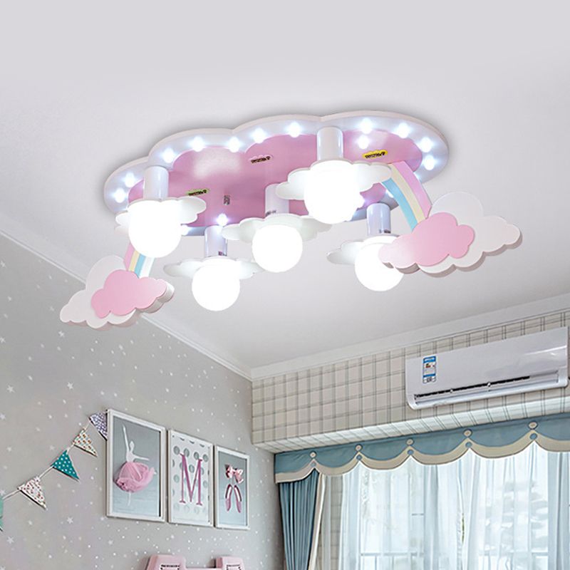 Regenboog Meisje Slaapkamer Plafond Lamp Hout 5-Licht Cartoon Flush Mount Fixture in Roze met Open Bulb Design