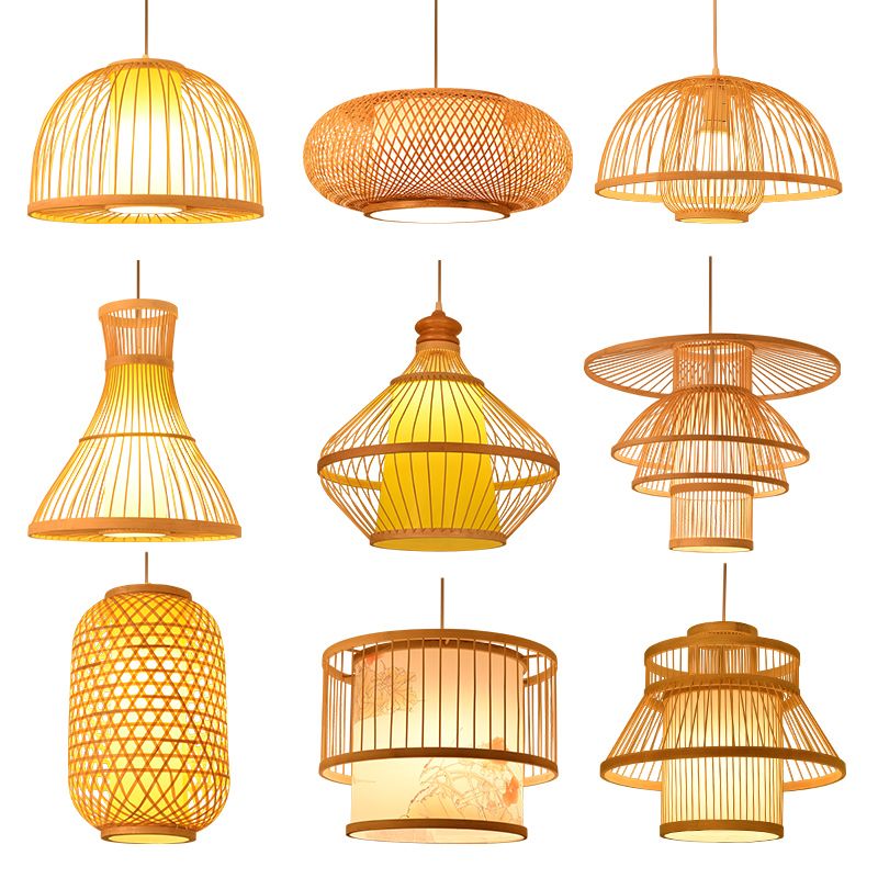 Asia Lantern Pendant Lighting Bamboo 1 Bulb Restaurant Hanging Light in Wood