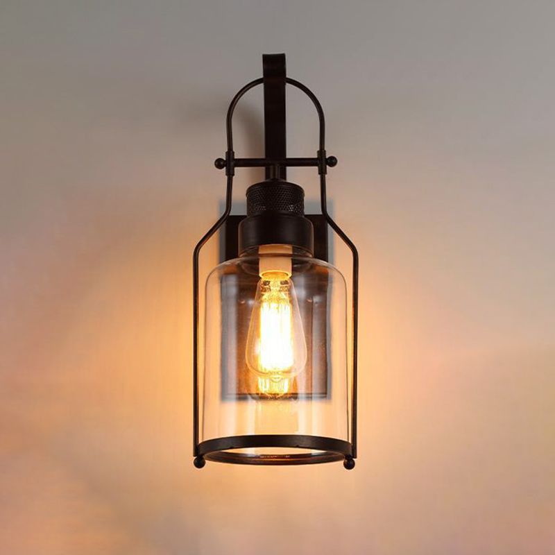 Schwarz 1-Licht-Wandmontage Leuchte Industrielle Clearglaszylinderlampe