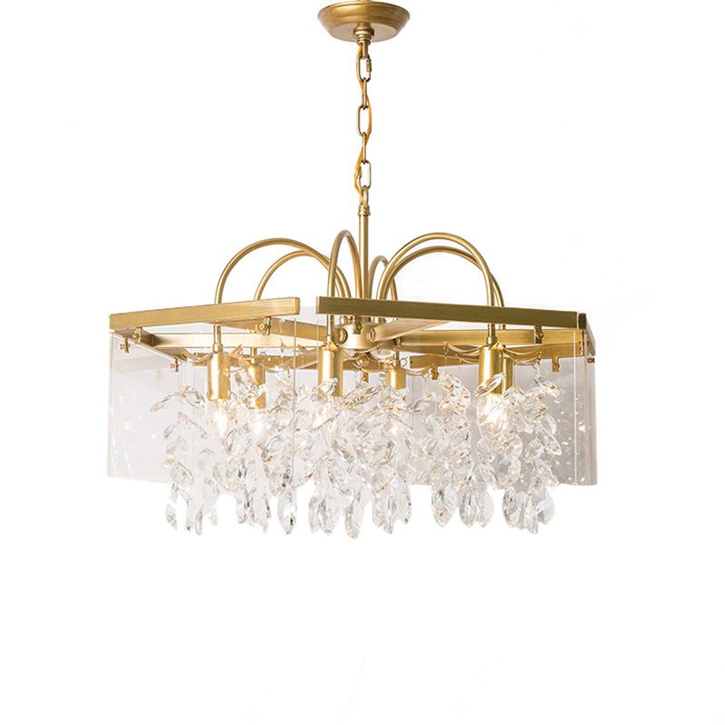 Gold Geometric Shaped Chandelier Antique Metal Dining Room Hanging Lighting with Crystal Drops