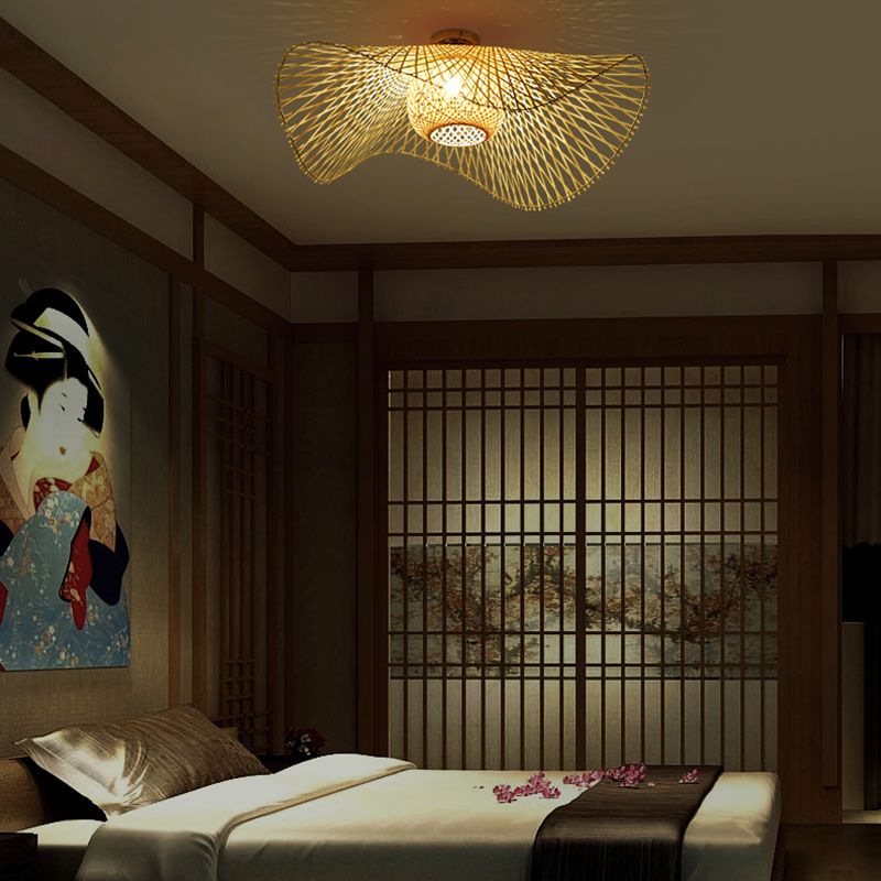 Twist Ceiling Light Fixture Asia Style Bamboo Beige Flush Mount Ceiling Lamp
