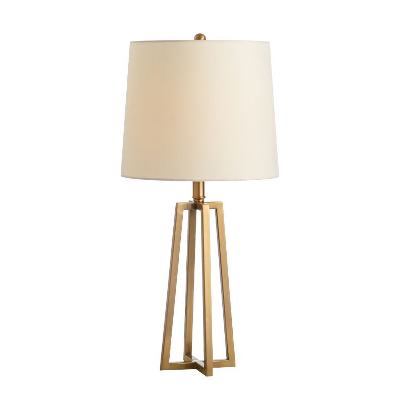 Drum Fabric Table Light Modern 1 Head White Desk Lamp with Trapezoid Gold Metal Base