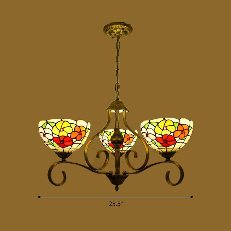 Lampadario del soffitto in vetro colorato di fiori mediterranei 3/6/8 luci a sospensione di ottone antico