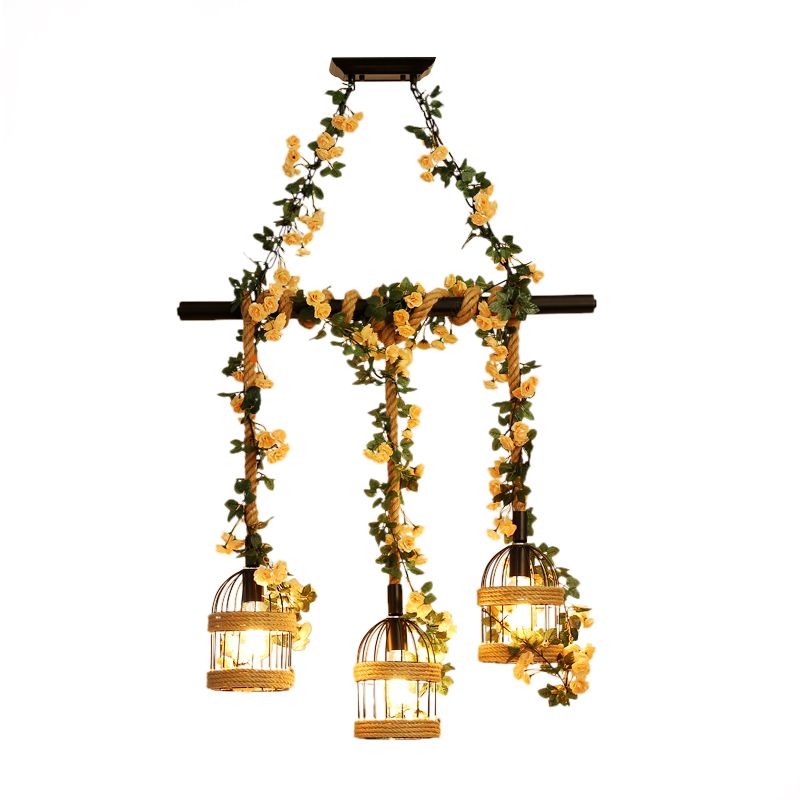Birdcage Restaurant Island Lighting Industrial Hemp Rope 3/5-Light Black Ceiling Suspension Lamp