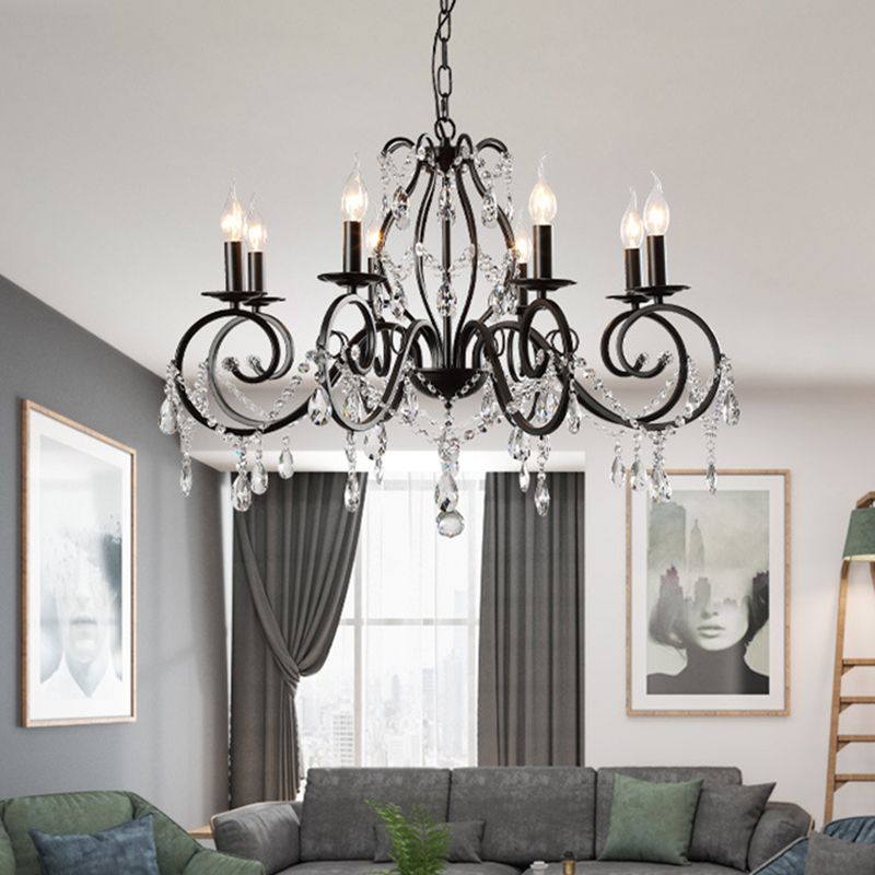 8-Bulb Scrolled Arm Chandelier Black Metal Ceiling Pendant Light with Crystal Draping