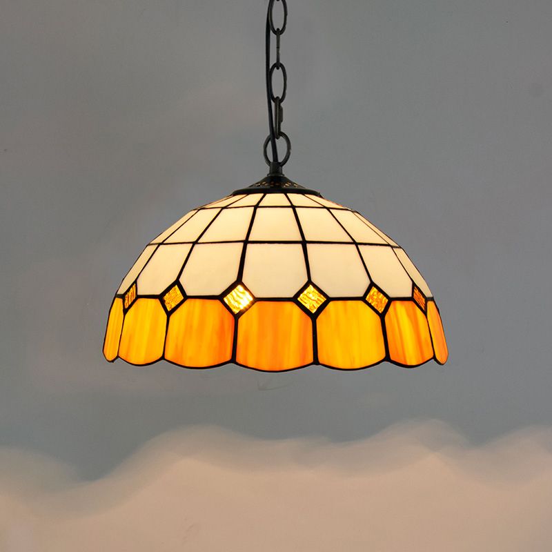 Bowl Shape Multicolored Stained Glass Hanging Lights Baroque Single Pendant for Dining Room