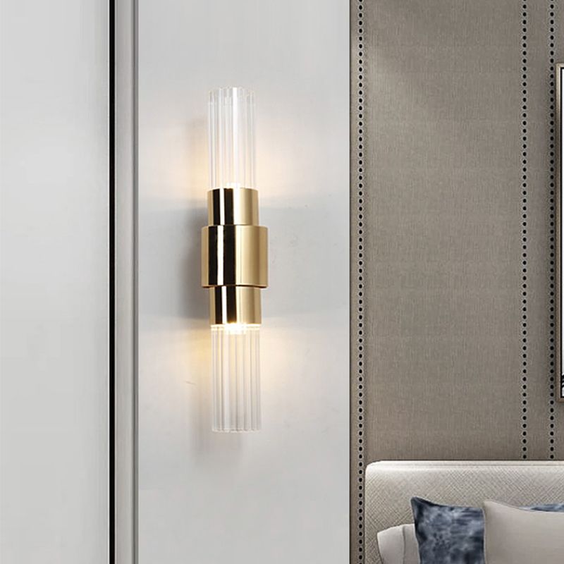 Gold Tubular Wall Light Sconce Post Modern 2 Heads Clear Ribbed Glass Wall Mounted Lamp for Bathroom