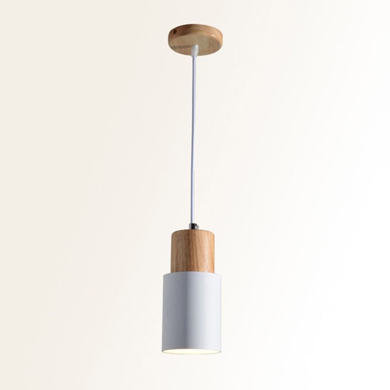 Wooden Cylindrical Single Pendant Light in Modern Concise Style Aluminium Macaron Hanging Lamp