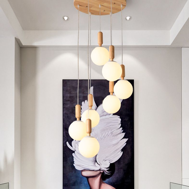 Spiral Stair Ceiling Pendant Simple Wood Multi Hanging Lamp with Ball White Glass Shade
