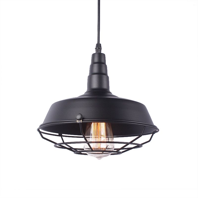 White Inner/Black Wire Guard Pendant Lighting with Barn Shade Vintage Wrought Iron 1 Light Kitchen Suspended Light