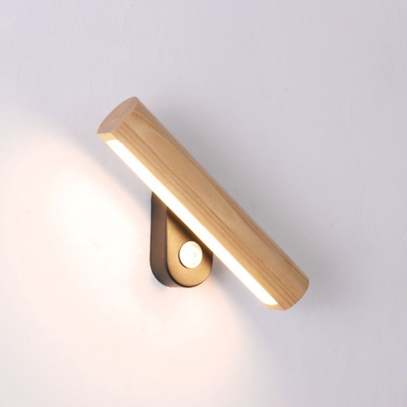 Japanese Style Wooden Wall Light Cylinder Shape Rotatable Wall Lamp for Living Room