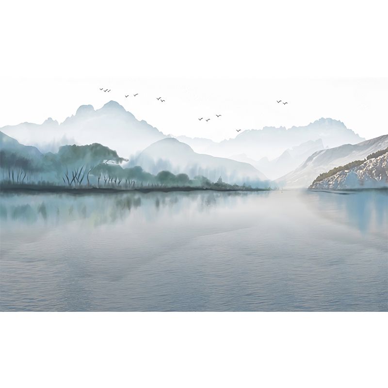 Whole Mountain and Lake Mural in Blue Non-Woven Material Wall Decor for Guest Room, Custom-Made