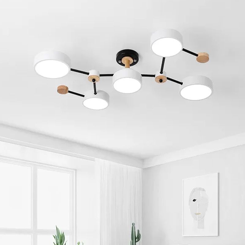 White/Grey Round Shade Ceiling Lamp Nordic 5 Bulbs Iron Semi Flush Mount Fixture with Vine Design