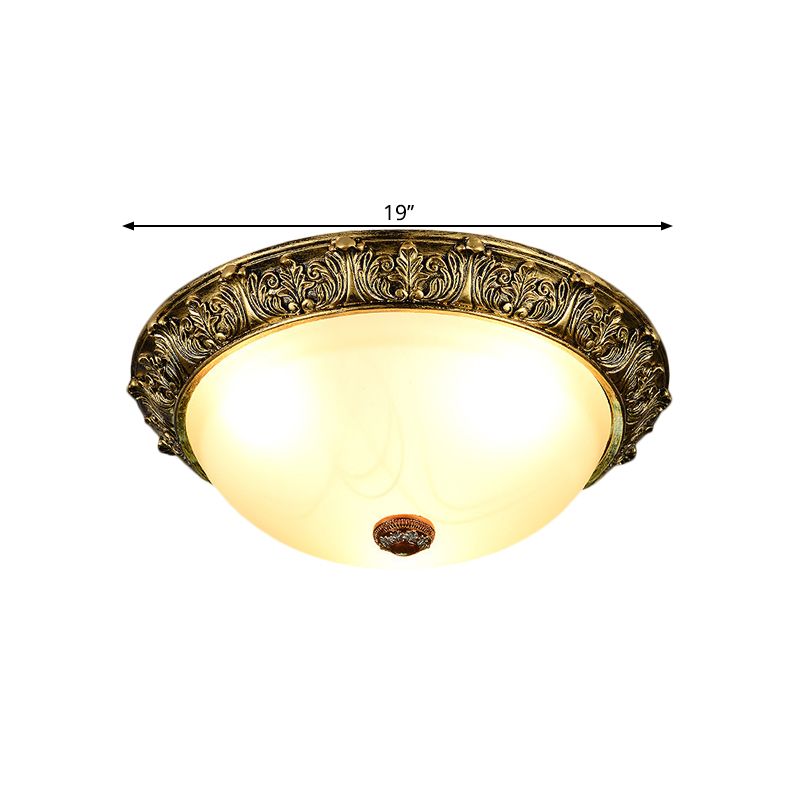 Plafonnier en forme de dôme de style rustique, 11 / 15 / 19 po, éclairage encastré à 2/3 têtes en verre opalin, blanc/laiton