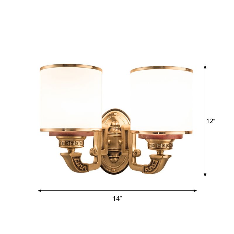 White Glass Cylinder Wall Mount Lamp Traditional 2 Bulbs Living Room Sconce Lighting in Brass