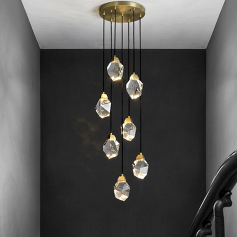 Block Shaped Stairs Multi-Pendant Crystal 7 Lights Postmodern Suspension Lamp in Brass