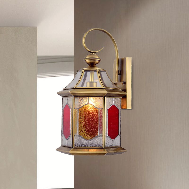 Red Glass Suspended Sconce Lamp Arab 1-Bulb Balcony Wall Mount Light with Curved Arm