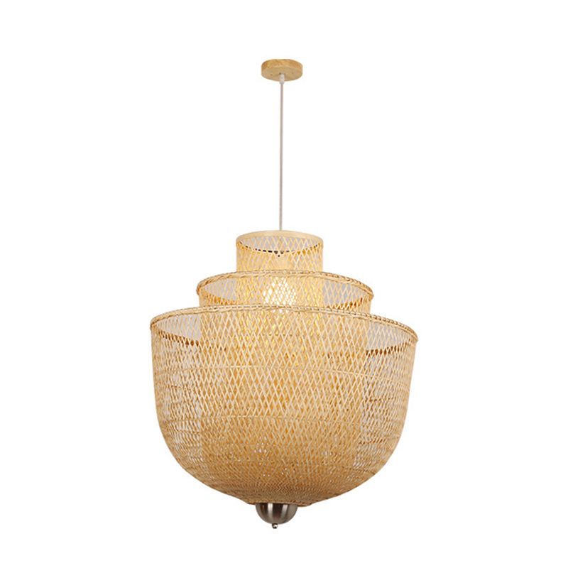 1-Light Rattan Japanese Pendant Light Beige Down Lighting for Dining Room