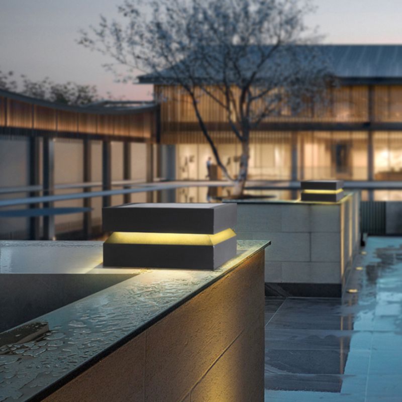 Rectangle Shape Metal Solar Pillar Lamp Modern 1 Light Waterproof Outdoor Light in Black