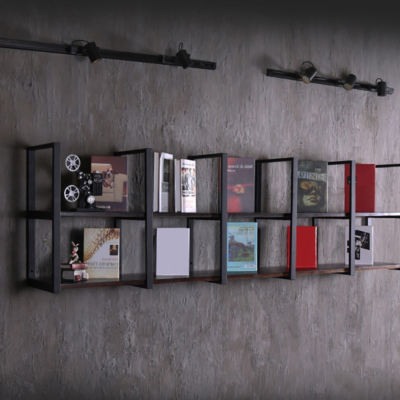 Industrial Wooden Storage Bookshelf Wall Mounted Bookcase with Rectangle Shelves