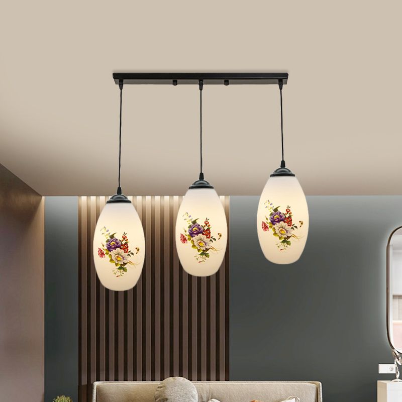 3 Lights Oval Multi-Pendant Modern Black Finish White Printed Glass Ceiling Hang Fixture with Round/Linear Canopy