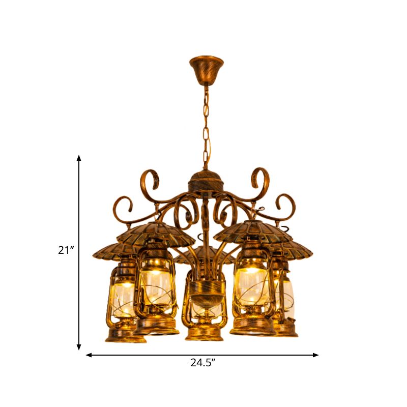 Aged Brass Lantern Suspension Light Village Style Metal and Clear Glass 5 Light Dining Room Chandelier
