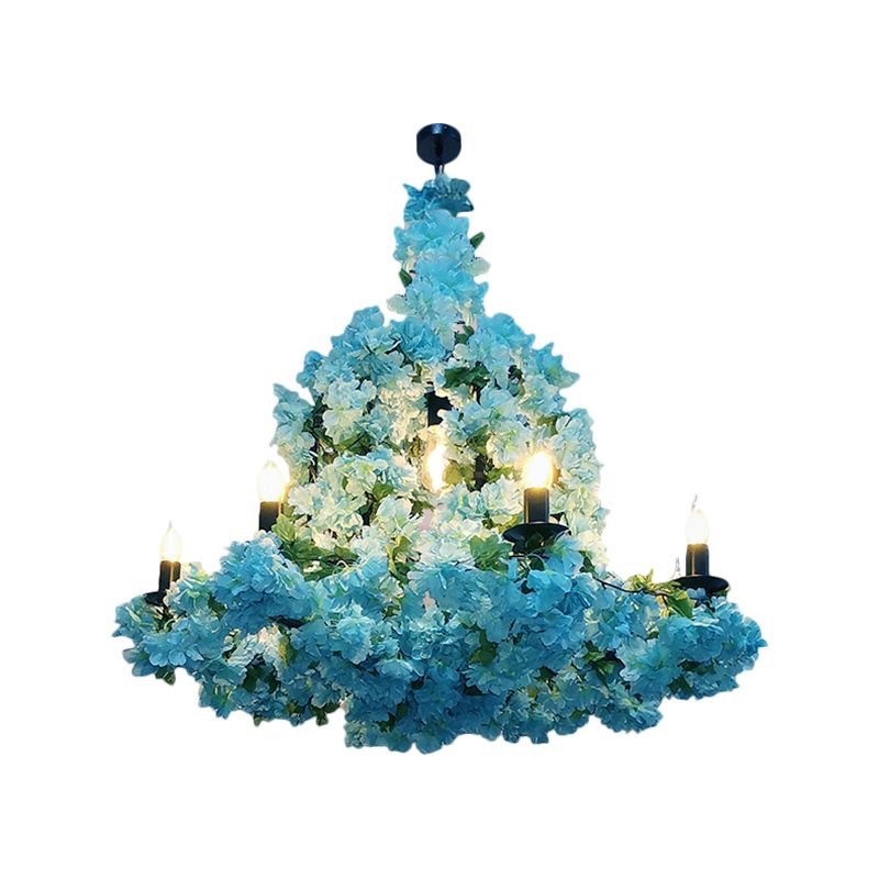 6 Heads Candle Chandelier Lighting Factory Blue/Rose Red Metallic Pendant Light Fixture with Artificial Flower Deco