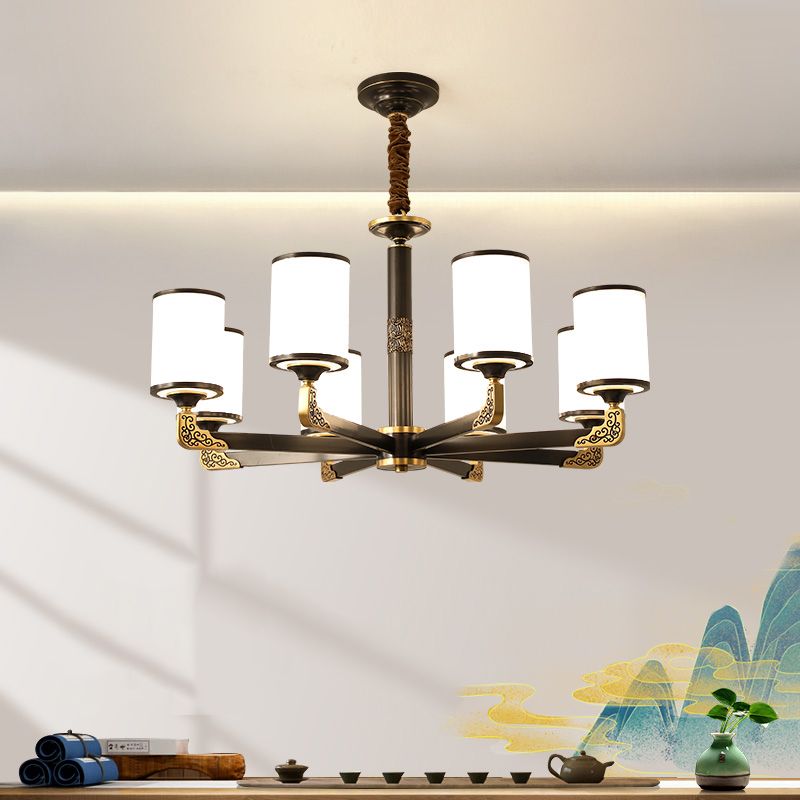 Modern Metal Pendant Light Cylindrical Glass Shade Chandelier Lighting for Bedroom