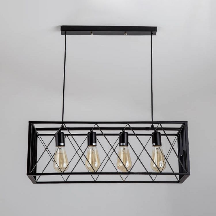 Black Cage Linear Chandelier 4/6 Lights Industrial Island Pendant Lights for Living Room