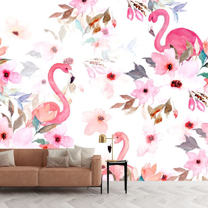 Flamingo Flower Print Wall Murals Tropical Non-Woven Fabric Wall Decor in Pink for Home