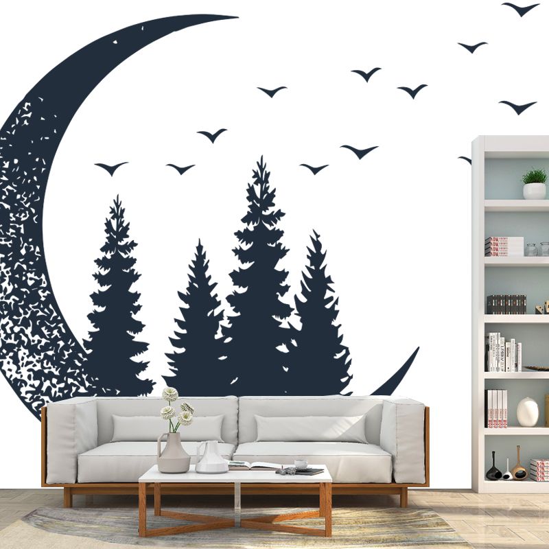Creative Crescent and Forest Mural for Girls Bedroom, Black-White, Made to Measure