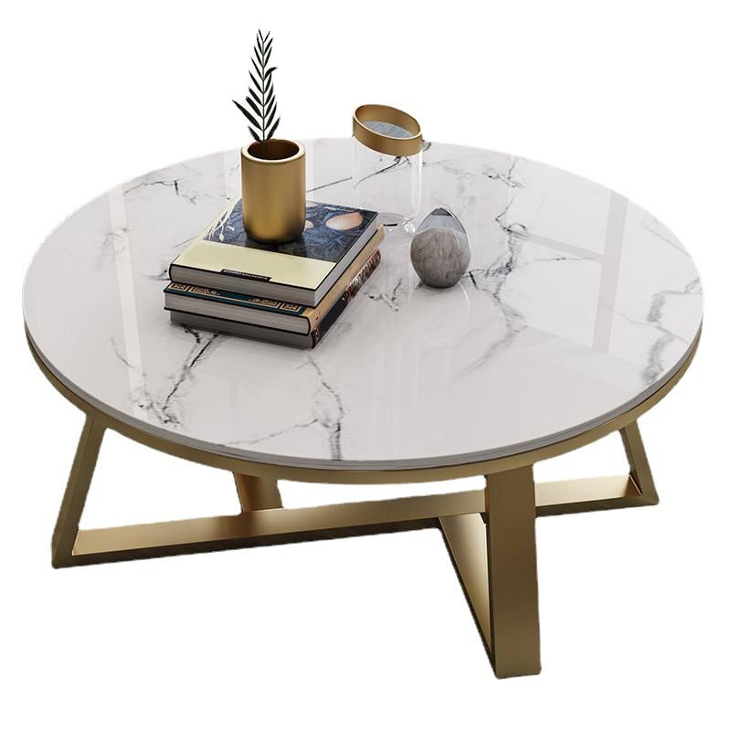 Glam Style Round Coffee Table with Iron Cross Base and White Top