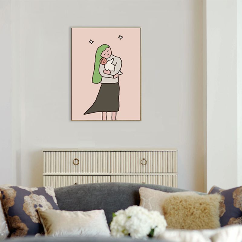 Happy Family Drawing Wall Art House Interior Figure Canvas Print in Pastel Color