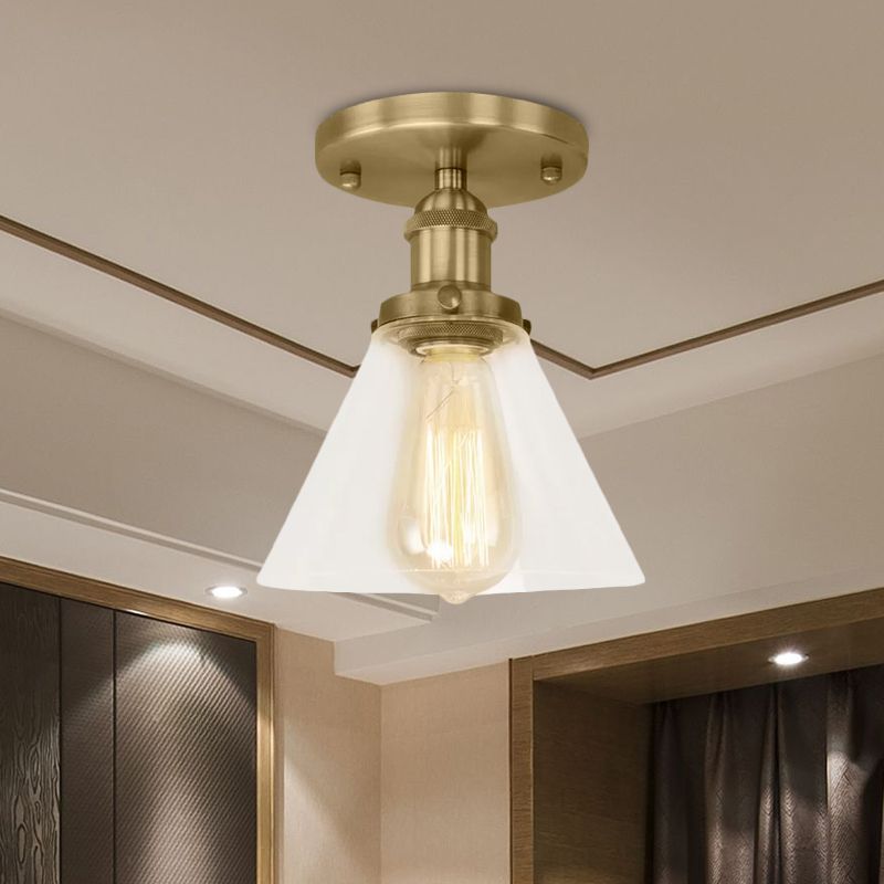 Single Bulb Semi-Flush Mount Industrial Conical Clear Glass Ceiling Light in Black / Brass / Copper