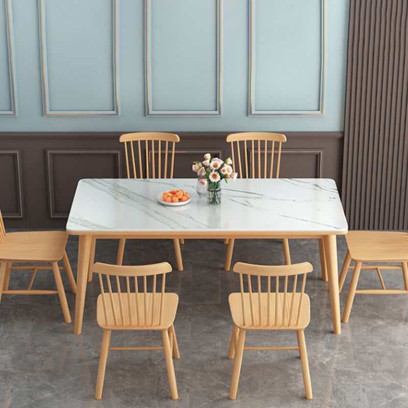 Modern White Rectangle Stone Dining Table with 4 Wooden Foot