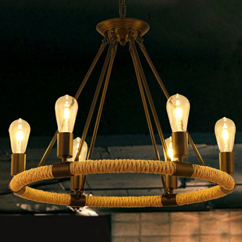 Manila Rope Chandelier Pendant Farmhouse Black Circular Restaurant Hanging Ceiling Light
