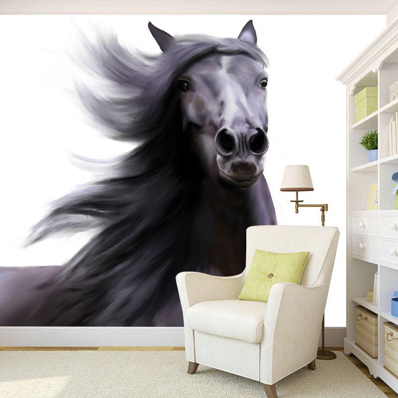 Horse Illustration Mural Mildew Resistant Wall Covering for Living Room