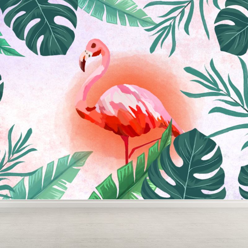 Tropical Leaves and Flamingo Mural Decal Red Dining Room Wall Covering, Personalized