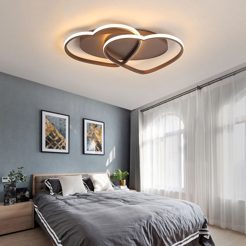 Metal Double Heart Flush Mount Light Romantic Ceiling Lamp in Brown for Study Room
