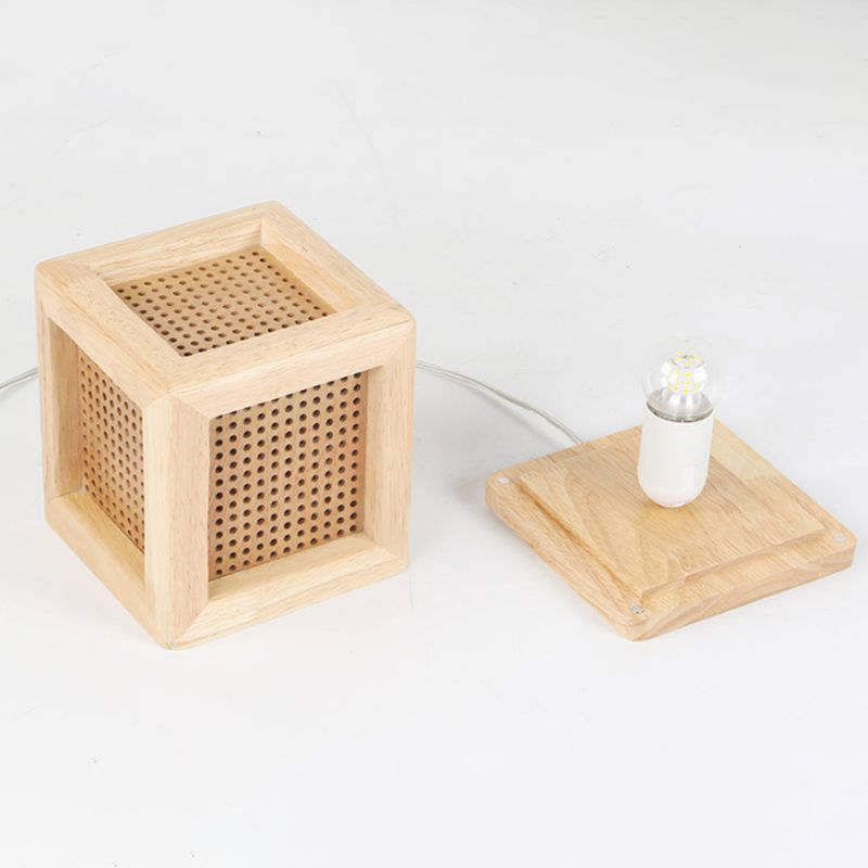 Cube Box Bedside Mini Night Lamp Wooden 1 Head Nordic Table Light with Pierced Hole in Beige