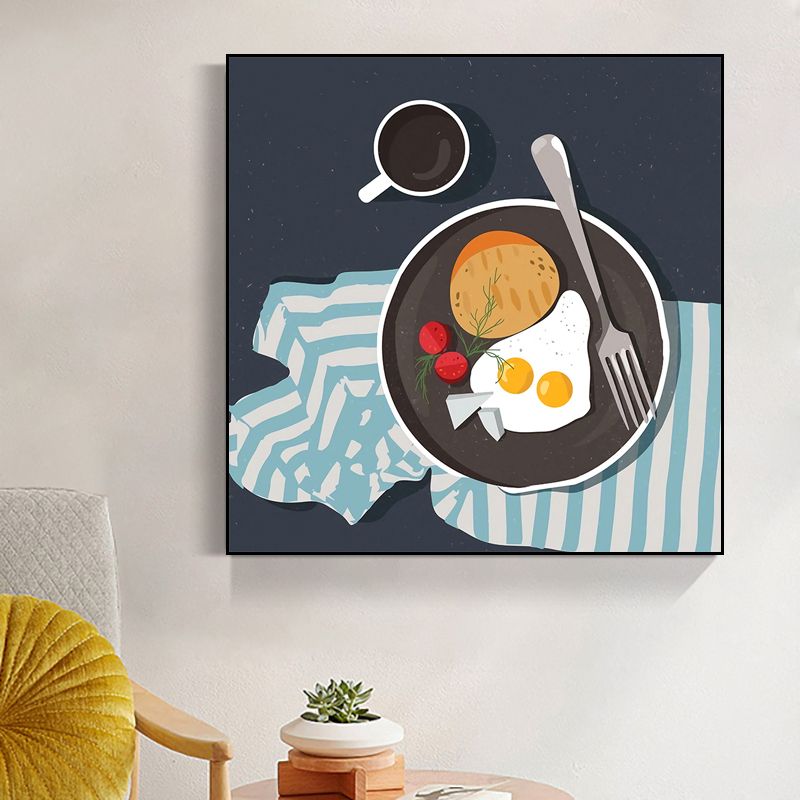 Cartoon Food Breakfast Wall Art Dark Color Textured Canvas Print for Dining Room
