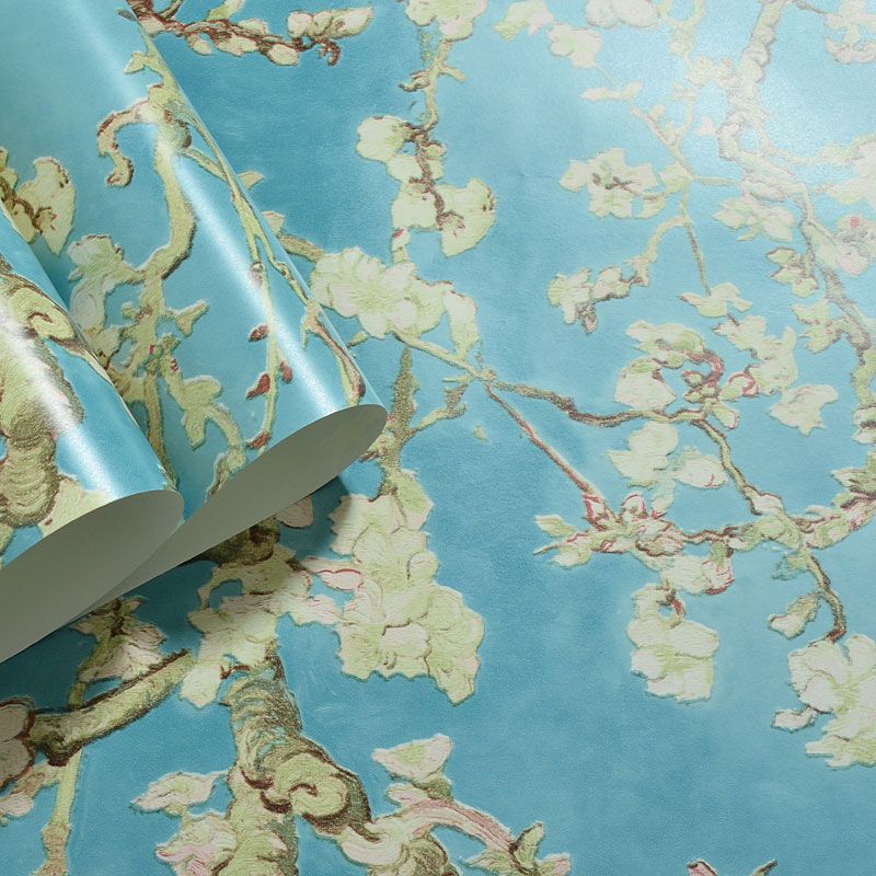 Blue and White Rural Wallpaper 20.5"W x 33'L Apricot Flower Wall Decor for Dining Room